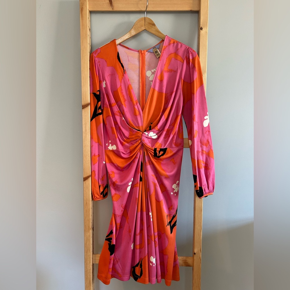 FLORA KUNG Vibrant Pink & Orange 100% Silk Jersey Ruched Dress Size FR44 US12